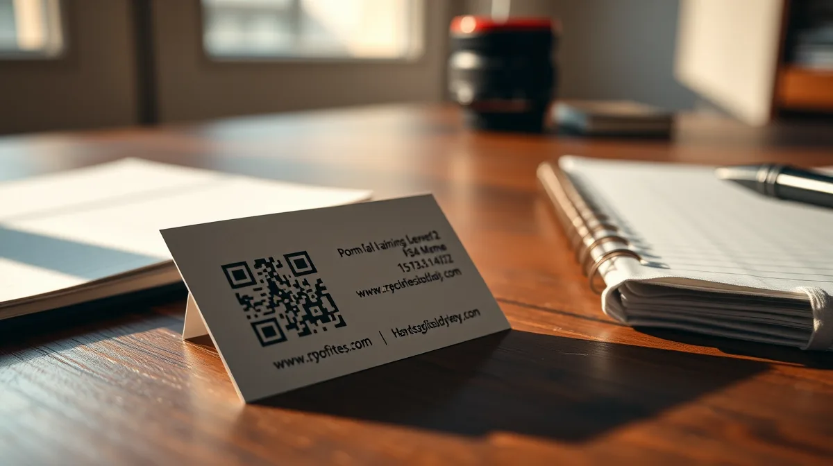 Illustration: A printed business card with a QR code linking to a website, resting on a wooden desk next to a laptop, soft natural light filtering through a window
