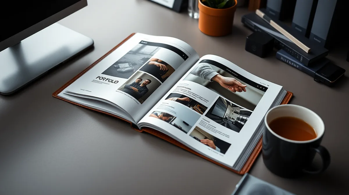 Illustration: A leather-bound portfolio book open to a page showing website designs, placed on a modern office desk with a steaming mug of tea nearby