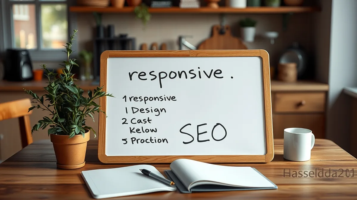 Illustration: A whiteboard with bullet points about 'responsive design' and 'SEO' scribbled in black ink, positioned near a laptop and a plant on a kitchen table