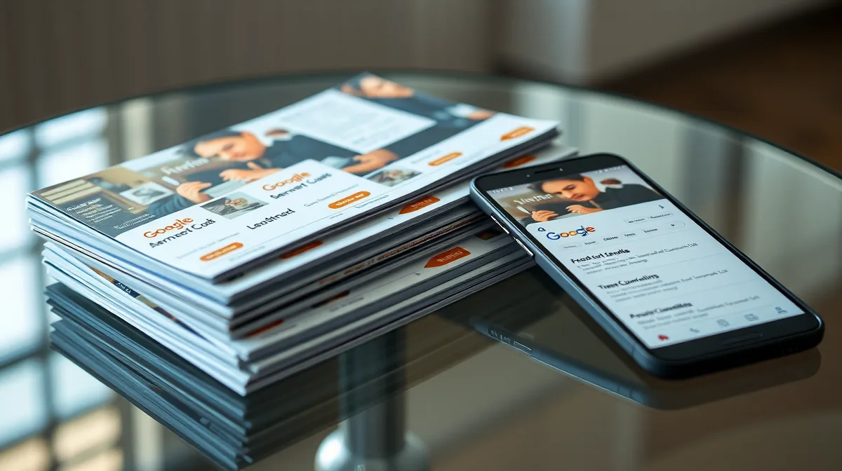 Illustration: A stack of printed brochures with website URLs, arranged neatly on a glass table beside a smartphone showing a Google search results page